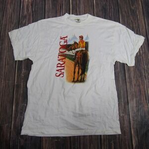 Vintage Saratoga Horse Racing Shirt Mens Large White Jockey Graphic Tee 90s